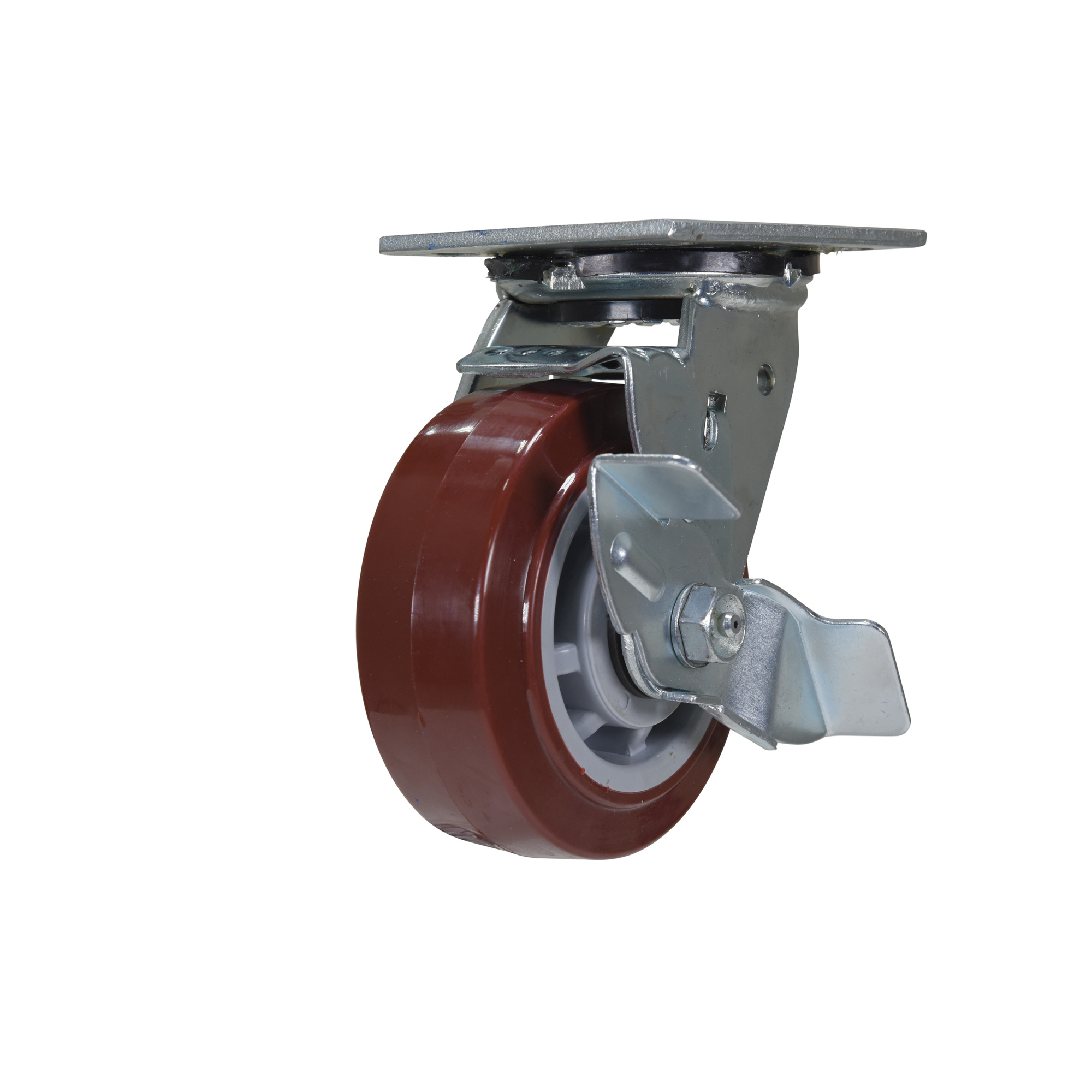 Vestil Polyurethane Swivel Caster with Brake - 5in. x 2in., Maroon, Zinc-Plated, Model# CST-VE-5X2PUP-SWB
